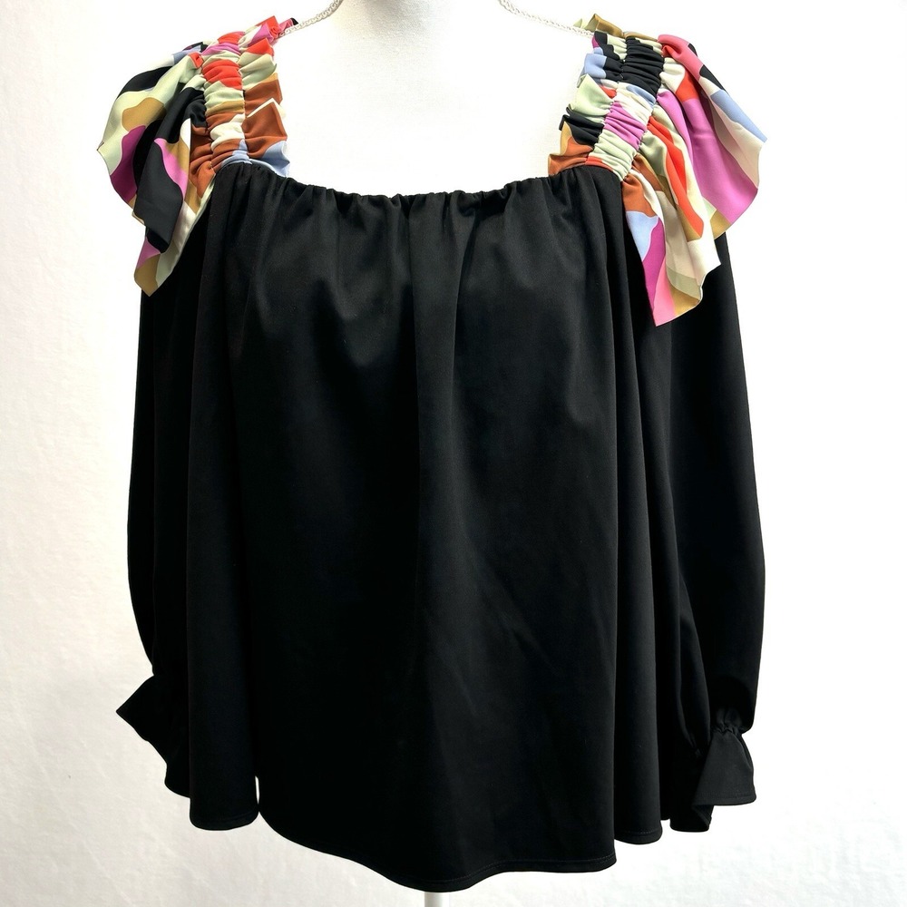 Crosby Black Ria Blouse Top Square Neck 3/4 Sleeve Ruffle Shoulder $180 Sz Large
